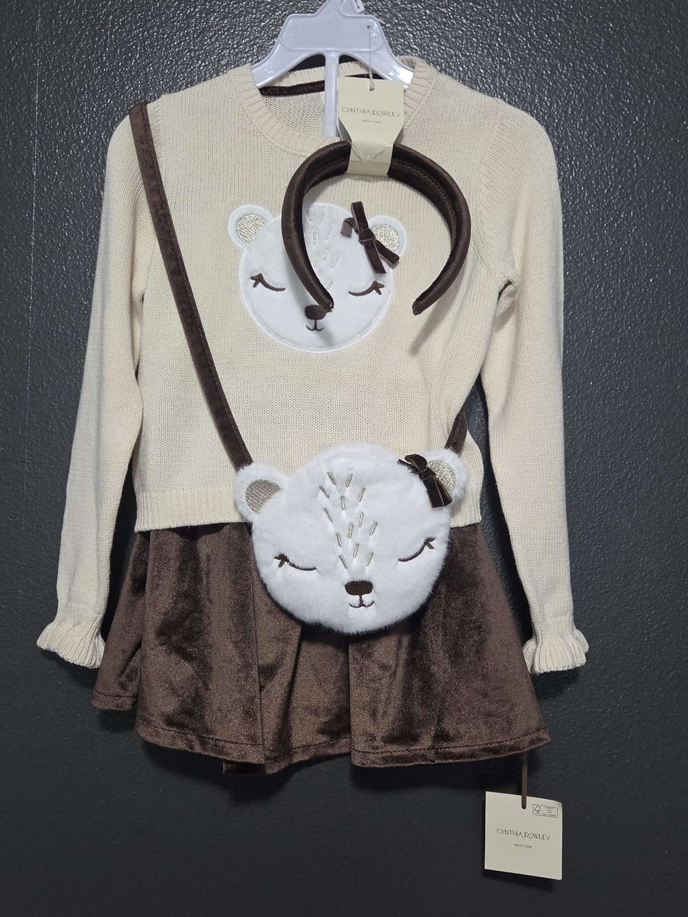 Cynthia Rowley Cream & Brown Bear Face Crossbody Bag with Headband